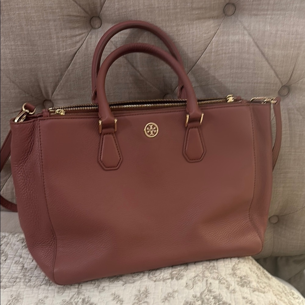 Tory Burch Brown Satchel with Gold Accents and Detachable Strap